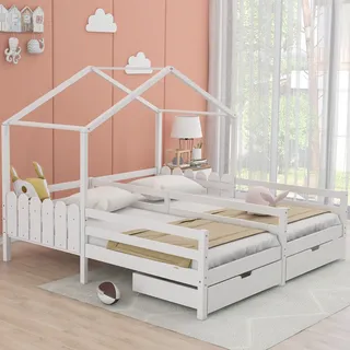 STILVORA Kinderbett 90x200 mit einer Matratze, Hausbett mit 2 MDF-Schubladen, Schubladen auf Rollen, Einzigartiges geteiltes Doppelbett-Design, weiß - Weiß