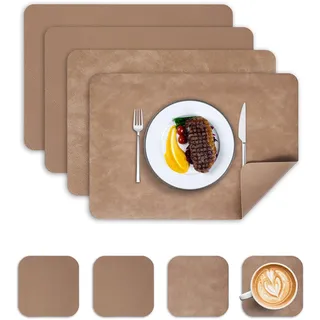 Wanfolle Tischsets Abwaschbar und Untersetzer 4er Set, Tischsets Leder Platzset Abwischbar Doppelseitigen Hitzebeständig Wasserdicht rutschfest Platzdeckchen Lederoptik (Camel)