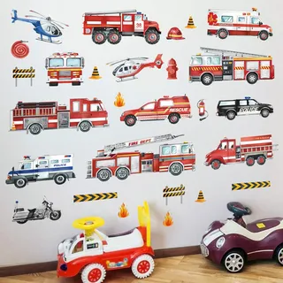 decalmile Wandtattoo Feuerwehrauto Wandaufkleber Autos Polizei Transporte Fahrzeug Wandsticker Junge Kinderzimmer Babyzimmer Spielzimmer Wanddeko