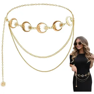 BDEPSTR Damen Mode Taillengürtel - Gold Kettengürtel mit Mond-Design, Verstellbar für Kleider, Röcke & Pullover, Elegant für Party & Alltag