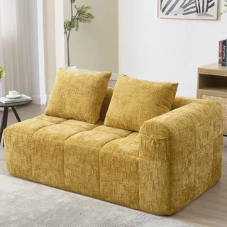 Zweisitzer Sofa Gelb Couch ohne Montage 2-Sitzer Loungesofa mit Chaiselongue 1 Kissen Seitentasche Wohnlandschaft klein modern flauschig - Gelb