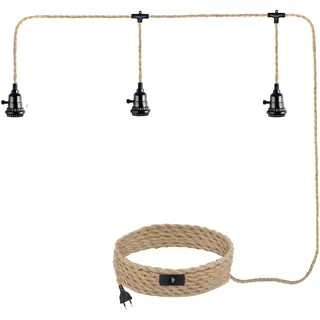 JZCDR Hanfseil Pendelleuchte mit Stecker 3-Flammig Vintage Hängelampe Lampenkabel mit Schalter Lampenfassung E27 mit Kabel 8,5M DIY Pendellampe Industrial für Esstisch Schlafzimmer, Ohne Glühbirne