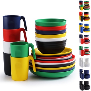 Berglander Plastikgeschirr-Sets 24-teiliger für 6 Personen, wiederverwendbare Teller und Schüsseln-Sets mit Speisetellern, Desserttellern, Müslischalen, Tassen für Zuhause, Garten, Picknick, Camping