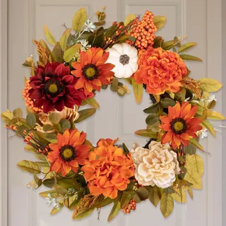 Benjia 45cm Herbstkranz mit Ahornblättern & Sonnenblumen - Halloween & Erntedank Türdekoration für Haustür & Fenster