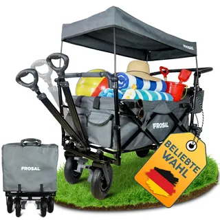 FROSAL Bollerwagen Leo faltbar mit Luftreifen & Dach – Handwagen klappbar für Strand, Camping & Garten – 80kg belastbar – mit Bremse, Schiebegriff & Zugstange – Transportwagen Kinder grau