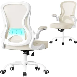 SONGMICS Bürostuhl ergonomisch, Drehstuhl mit Netzgewebe, Schreibtischstuhl mit Lendenstütze, Wippfunktion, klappbare Armlehnen, für Arbeitszimmer, Schlafzimmer, cappuccinobeige-wolkenweiß OBN042LH02