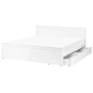 BELIANI Doppelbett Weiß Kiefernholz mit Stauraum 2 Schubladen Lattenrost 180 x 200 cm Fußteil Hohes Kopfteil Schlicht Modern Skandi Design Holzbett - Weiß