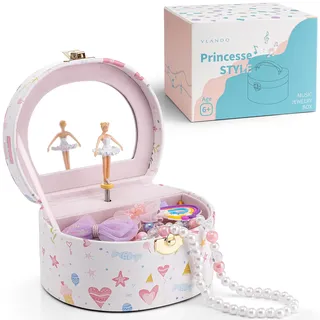 VLANDO Schmuckkästchen Mädchen mit Spieluhr, Schmuckkasten Kinder mit Drehendem Ballerina & Spiegel, Spielzeug Geschenk 4 5 Jahre Mädchen, Schmuckschatulle mädchen aus Hochwertigem Leder