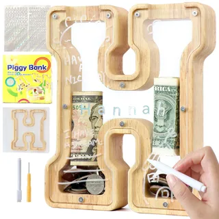 Lakpopya Spardose Kinder Buchstaben aus Holz für A-Z Personalisiert Sparschwein Durchsichtig Alphabet Sparbox, Geschenk Dekoration Taufe für Jungen Mädchen (H)