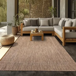 SIMPEX Outdoor Teppich Wetterfest 280x370 cm Braun Bordüre Design Flachgewebe Waschbar XXL Extra Groß für Wohnzimmer Esszimmer Terrasse Garten