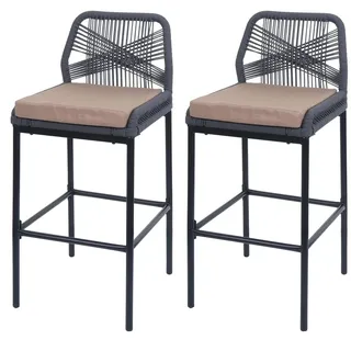 Mendler 2er-Set Rope-Barhocker HWC-O21, Outdoor Sitzpolster Seilgeflecht Metall anthrazit, Kissen taupe