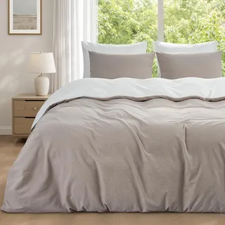 Duvetnova Leinen/Weiß Bettwäsche 155x220 Baumwolle 3 teilig, Superweiche 100% Vorgewaschene Baumwolle ÖKO-TEX 1 Bettbezug 155x220+2 Kissenbezüge 80x80 mit Reißverschlus