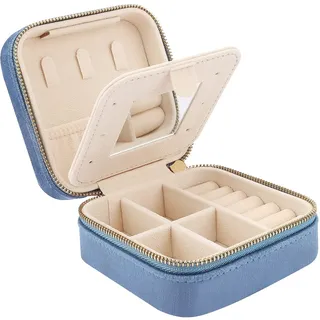 Casiwaft Kleines Reise Schmuckkästchen Samt mit Spiegel, Kleine Schmuckkästchen Organizer für Mädchen Frauen, Mini Schmuck Organizer Aufbewahrung für Ringe Ohrringe Halskette Armbänder, Blau