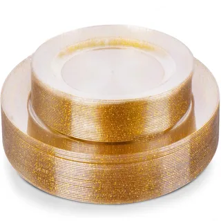 AKOLAFE 40 Transparenter Plastikteller Gold mit 2 Größen Mehrweg Kunststoffteller 19cm und 26cm Stabiles Plastik Teller Wiederverwendbares platzteller für Hochzeiten, Party, Geburtstage, Weihnachten