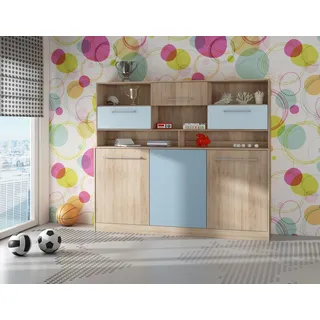 Wandbett Horizontal Schrankbett ROGER 90x200 cm Wandklappbett, Schrankklappbett, Schrank mit integriertem Klappbett, Funktionsbett SONOMA EICHE / BLAU (mit zusätzlichen Regalen) - Blau