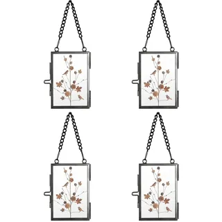 SUMTree 4 Pcs Mini-Rechteck Bilderrahmen aus Metall und Glas Hängende Glas Fotorahmen Geometrische Ornament Pflanze Probe Clip Für gepresste Blumen Fotos Schwarz