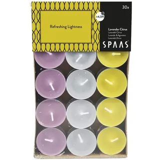 Spaas 30 Duft-Teelichter Farben Sortiert, ± 4,5 Stunden-Refreshing Lightness, Paraffinwachs, Herbst gelb, D 39 mm x H 16 mm