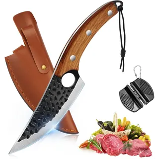 OOKUU Kochmesser Küchenmesser, Fleischerbeil Hackmesser mit Messerschärfer und Lederscheide, Profi Ausbeinmesser Scharfe Kochmesser im Japanischen Stil, Hackmesser für Outdoor Küche