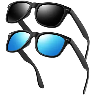 KANASTAL 2er Set Klassische Sonnenbrille Damen Herren | Polarisiert, Retro Rechteckig, UV400 Schutz, Verspiegelt, Transparenter Rahmen, Für Fahren Wandern Golf Fischen, Anti Glare