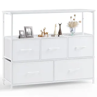 Sweetcrispy Kommode,TV Schrank Stand für Schlafzimmer mit 5 Stoffschubladen,Sideboard Wohnzimmer für 115cm TV,Einstellbare Füße Schubladenschrank,Komodenschrank für Schlafzimmer,Modernes Weiß