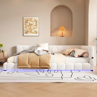 Flieks Polsterbett 140x200cm mit USB, Schlafsofa mit Lattenrost, Tagesbett Daybett Jugendbett mit LED, Gästebett Sofabett Doppelbett, Samt, Weiß - Weiß