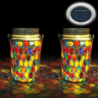 TOTHDATE 2PCS Solar Mosaik Leuchte für Außen, On/Off Glas Mosaik Hängend Licht Solarlaterne Tischleuchte IP65 Wasserdicht für Rasen Pfad Hof Deck Boden Teich, Rot Mosaik Licht