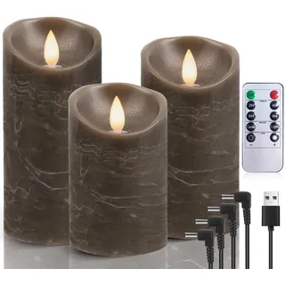 AiiBowy LED Kerzen Aufladbar Echtwachs 3er-Set mit timerfunktion, Flackernde Flamme, LED Kerzen Adventskranz, LED Stumpenkerzen Outdoor für Halloween Weihnachten Party Dekoration - Braun
