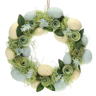 COM-FOUR® Osterkranz mit Blumen aus Holz und Eiern, dekorativer Tischkranz | handgefertigter Türkranz mit Aufhänger - stylische Osterdekoration