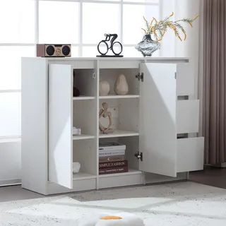Flieks Kommode mit 3 Schubladen und 2 Türen, Sideboard Wohnzimmerschrank mit Verstellbaren Regalen, Anrichte Schubladenkommde 120cm, Weiß - Weiß