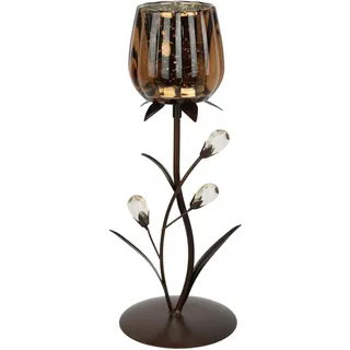 Kerzenhalter aus Metall mit Glas-Schale Teelichthalter Kerzenständer Kerzenleuchter modern Blumen Design Braun Gold Wohnzimmer Deko Tischdeko Geschenkidee Stimmungslicht romantische Deko Valentinstag