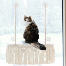 Dahey MakrameeKatzenfensterSitzstange BohoKatzenhängematte Wandmontage Haustier Ruhesitz Bett für Indoor Katzen Sicherheit Platzsparend Kitty Swing Regal mit Quaste hält bis zu 20,4 kg mit