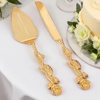 toyofmine Personalisierte Tortenmesser und Tortenheber Set für die Hochzeit | Tortenschneide-Set mit Vintage-Goldrosengriff für die Hochzeit