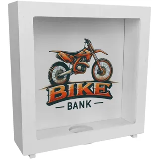 speecheese Rahmen Spardose aus Holz Motocross-Motorrad mit Spruch Bike Bank | Perfekte Offroad-Rahmen aus Holz im Motocross-Motorrad-Design in orange-schwarz mit coolen Schriftzug