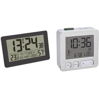 TFA Dostmann Digitale Funk-Wanduhr, 60.2557.01 & 60.2545.54 Digitaler Funk-Wecker, Kunststoff, Weiß/Silber, L 66 x B 22 x H 68 mm