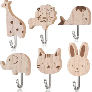 Exbrith 6 Stück Selbstklebende Hölzerne Tier Cartoon Wandhaken, Süße Tier Kleiderhaken, Tierthemen-Dekorationen Haken, Kindergarderobe Haken, für Kinderzimmer, Kinderzimmer, Schlafzimmer, Dekor
