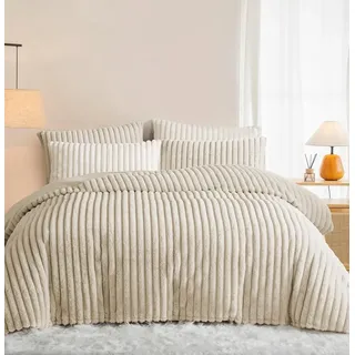 Lanqinglv Winter Plüsch Bettwäsche 135x200 Beige Warme Flauschig Flanell Kunstfell Streifen Winterbettwäsche,Teddy Fleece Cashmere Touch Bettbezug mit Reißverschluss und 1 Kissenbezug 80x80cm