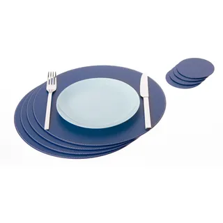 Nikalaz Rund Platzsets und Untersetzer aus recyceltem Leder, 4 Stück Tischsets, Tisch-Matten, Platzdeckchen 33 cm und Untersetzer 10cm (Blau)