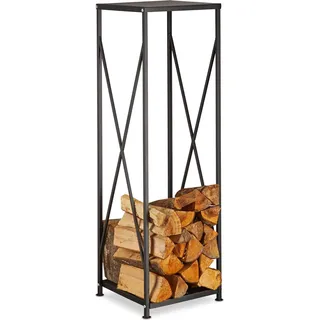 2 teiliges Kaminholz-Set, Kaminholzregal für Feuerholz, Kaminholzkorb schwarz, aus pulverbeschichtetem Stahl, black - Schwarz