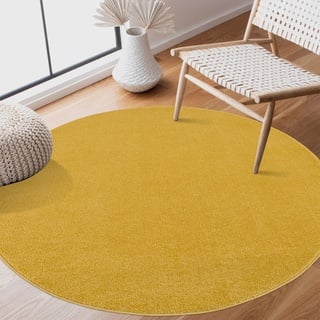 SANAT Kurzflor Teppich Wohnzimmer - Uni Modern Teppiche fürs Schlafzimmer, Arbeitszimmer, Büro, Flur, Kinderzimmer und Küche - Gelb, 150 cm Rund