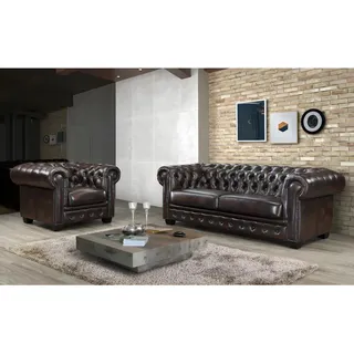 vente-unique Chesterfield Ledersessel - Büffelleder - Braun - BRENTON