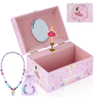 hombrima Musik-Schmuckkästchen mit Halskette, Armband, Musik-Schmuck-Aufbewahrungsbox mit drehender Ballerina, Geschenk-Set für Kinder, Mädchen, Kinder, Tochter