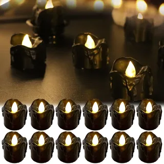 CHENBOOW LED Kerzen,12 Stück Halloween Deko,LED Teelicht,Kerzen Schwarz,Flammenlose Teelichter,Flackernde Teelichter,Tischdeko Halloween,für Karneval,Fasching,Mottoparty,Heimdekoration