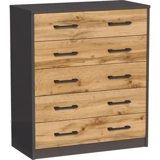 Kommode mit 5 Schubladen mit matter Oberfläche, Kommode 74cm breit Holz Schrank Kommode mit Schubladen Sideboard Highboard Anrichte Graphit-Eiche