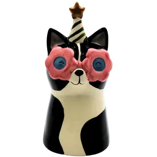 Dekohelden24 Blumenvase, Dekovase, Pflanzenvase, Tischvase, Tiervase, Katzenvase,Katze mit Sonnenbrille und Partyhut, dekorativer Pflanztopf aus Keramik, in schwarz-weiß, Größe: L/B/H 10 x 10 x 20 cm.