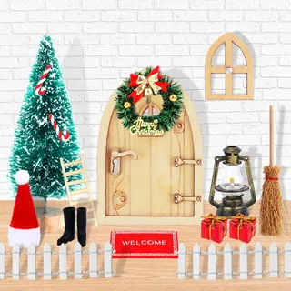 HOWAF 15 wichtel zubehör Weihnachten Wichteltür Zubehör Set, Wichtel Tür Holzleiter Laterne Weihnachtsbaum Kranz Wichtelbesen Zaun Stiefel Teppich Miniatur Feentür Wichteltür Zubehör Weihnachten Deko