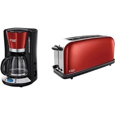 Russell Hobbs Digitale Kaffeemaschine Colours+ rot, 1,25l Glaskanne, bis 10 Tassen & Toaster Langschlitz Colours+ rot, extra breite 1 Langschlitzkammer, 6 Bräunungsstufen + Auftaufunktion