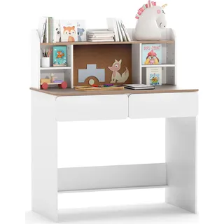 COSTWAY Schreibtisch, Kinderschreibtisch, Schülerschreibtisch mit Ladestation, Pinnwannd, 2 Schubladen & Regalen, Jugendschreibtisch für Kinder ab 6+ - Weiß