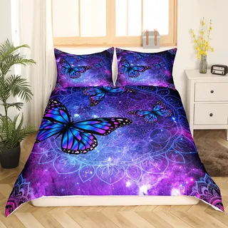 Galaxis Schmetterling Bettwäsche Set 135x200cm Mädchen Boho Paisley Bettbezug Set für Kinder Jungen Bohemia Exotischer Stil Betten Set Blumen Schmetterling Bettwäsche Lila mit 1 Kissenbezug 80X80cm