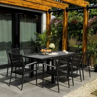 di volio Gartenmöbel PAVIA, ausziehbarer Gartentisch mit 8 Stühlen - Set, Essgruppe für 8 Personen, langlebig & wetterfest, aus hochwertigen Materialien - Schwarz, Grau