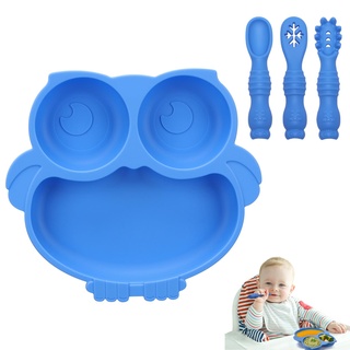 Alyvisun Eule Kinderteller Unterteilt mit Saugnapf, Silikon Baby Teller mit 3 Löffel Gabel Rutschfest Geteilte Kindergeschirr Set BPA Frei Babyteller Silikonteller für Kleinkind Kinder (Blau)